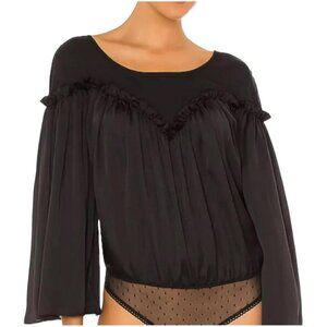 Free People She's A Natural Round Neck Bell Sleeve Bodysuit Black Small NEW